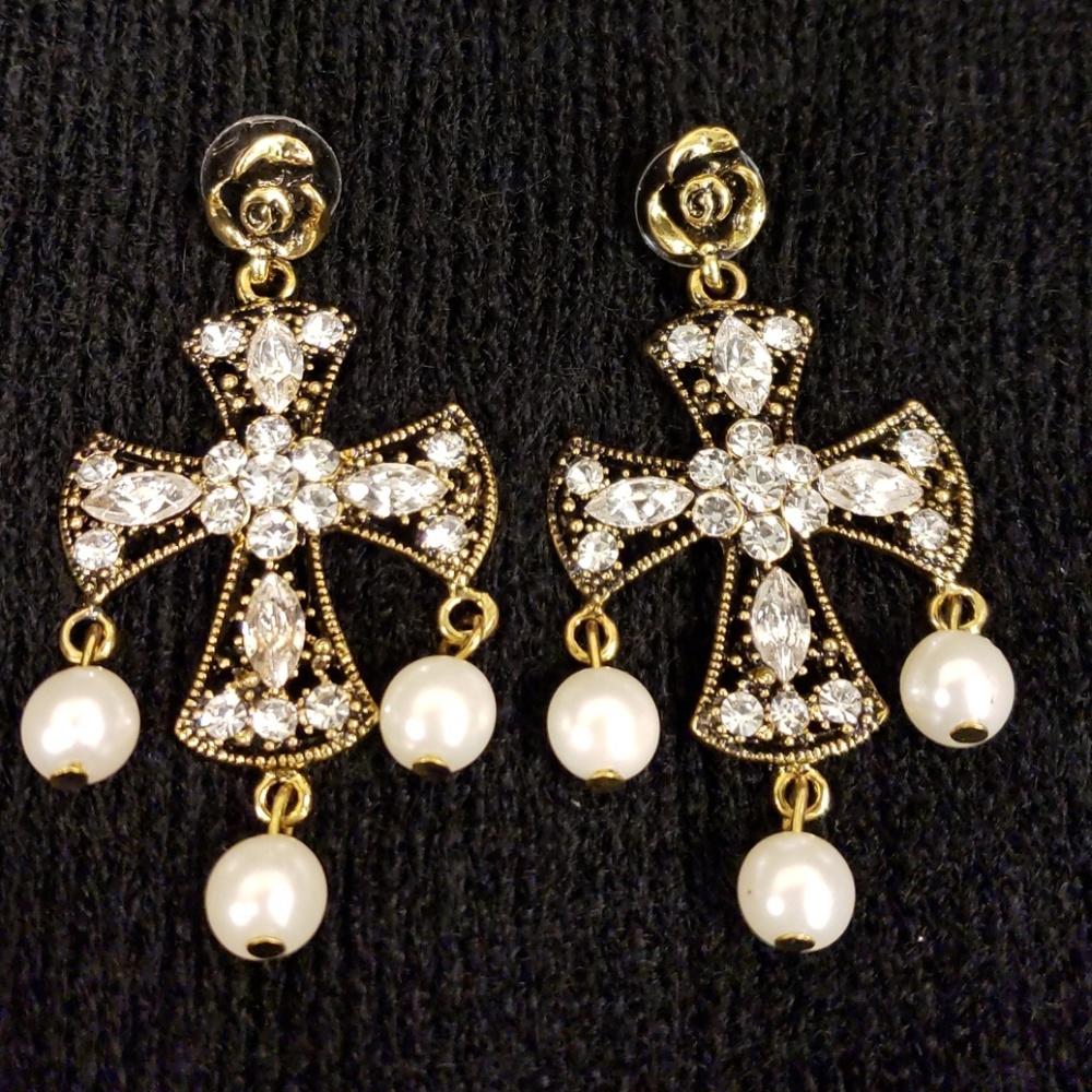 Antique Brass Crystal Cross Earrings